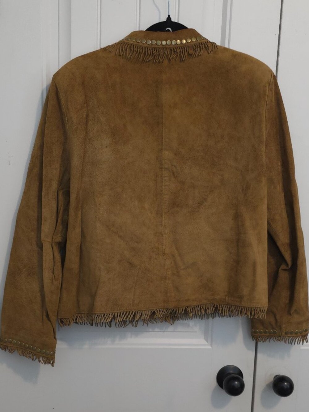 Double D Ranch Tan Brown Fringe & Studded Suede Leather Jacket - Woman's Size L - Picture 5 of 12